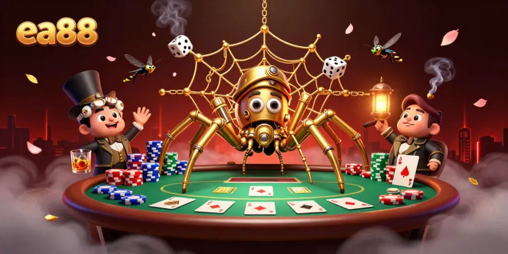 Engage with the exciting world of ea88 as a playful golden spider traps unlucky dice in a vivid casino setting.
