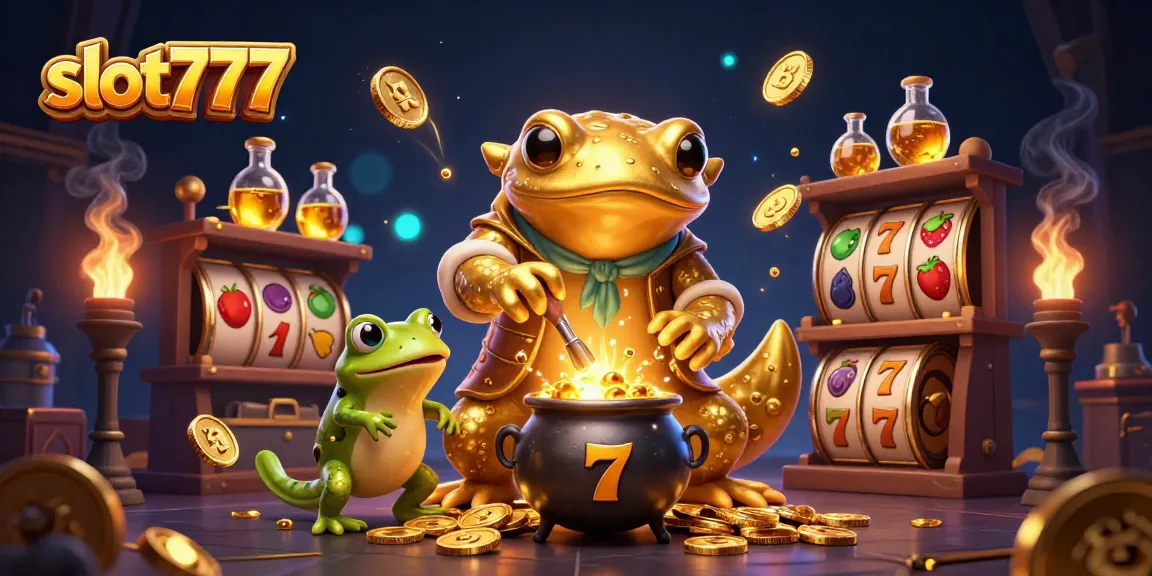 Engage with slot777 as the giant golden salamander alchemist conjures slot reels and gold coins.