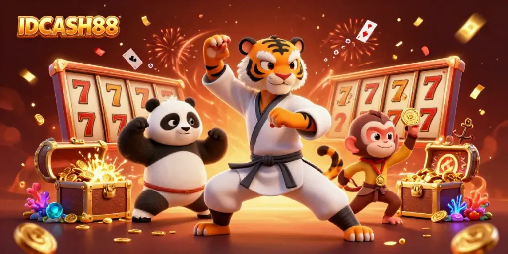 Experience the cheerful energy of IDCASH88 with kung fu characters in a lively casino scene