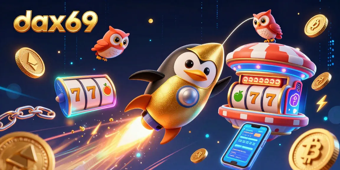 Permainan slot menguntungkan di dax69 dengan penguin emas menerbangkan koin di luar angkasa.