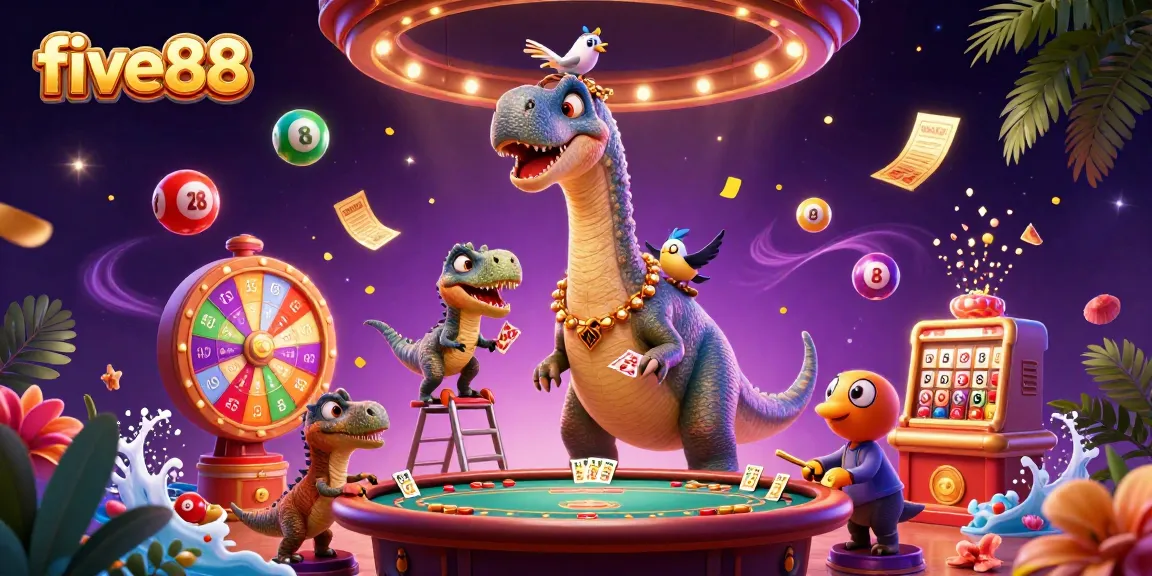 Experience the excitement of five88 with a dynamic casino scene featuring playful characters and vibrant game elements.