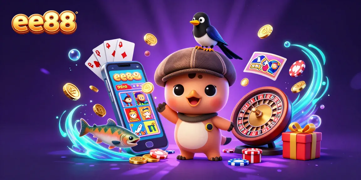 ee88 invites players to experience a vibrant casino scene with cartoon Nessie and gold treasures.