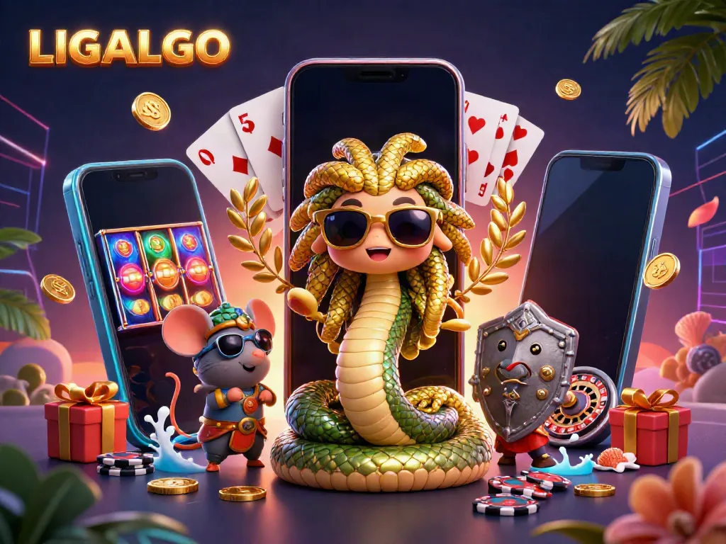 Experience LIGALGO's vibrant gaming atmosphere with Medusa and a warrior mouse amidst exciting casino elements.