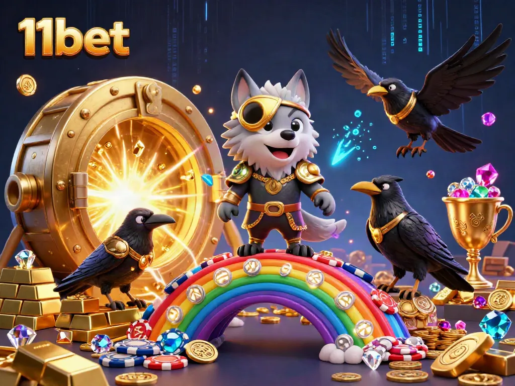 Engage in thrilling games at 11bet with radiant treasures surrounding a heroic figure in a mythical casino.