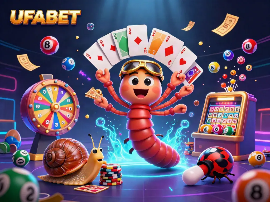 Experience thrilling gameplay at UFABET featuring a joyous millipede dealer and vibrant lottery elements.