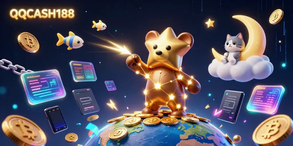 Engage with QQCASH188's thrilling casino adventure amidst celestial characters and crypto elements.
