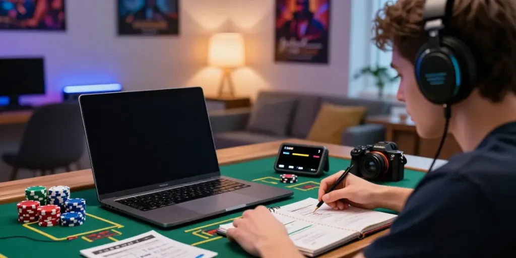 Engaged gamer on a laptop with KU88 webpage open, vibrant home office setting.