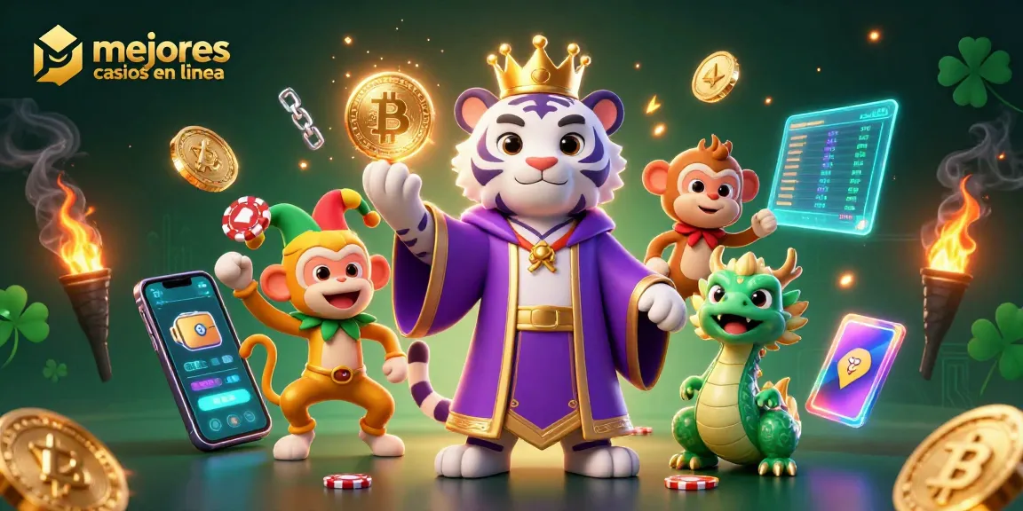 Juega en los mejores casinos en línea con una ilustración 3D de un tigre elegante y un mono divertido con fichas de póquer.