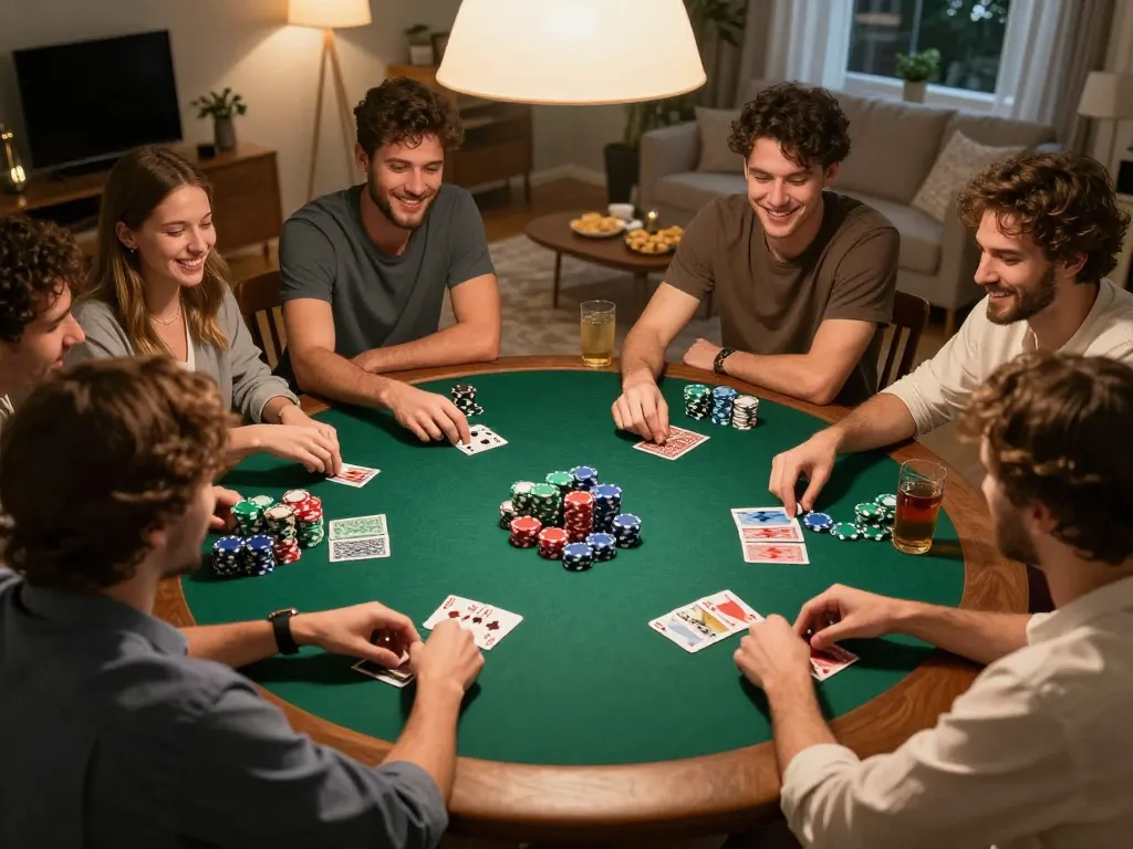 Friends enjoy a lively poker night at home with maxpoker88 atmosphere, showcasing chips and cards.