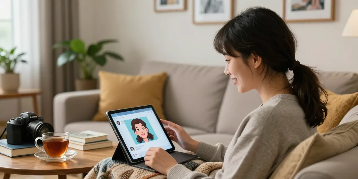 Young adult chatting with an AI gf in a cozy room, conveying warmth and connection.