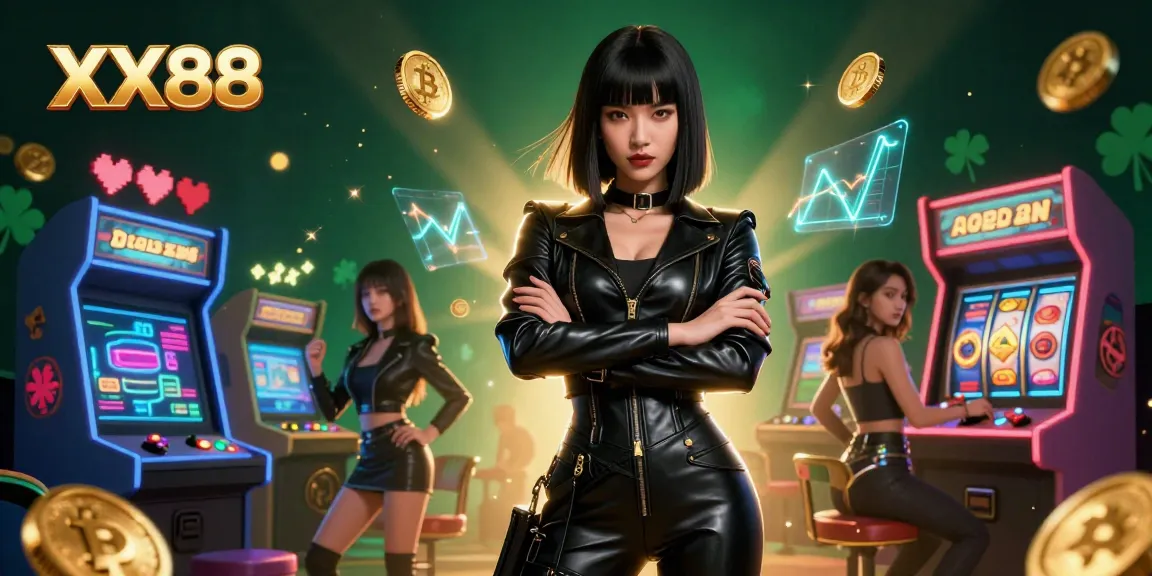 Engage with XX88's thrilling atmosphere featuring an Asian woman in a powerful stance amid floating Bitcoin coins and arcade elements.