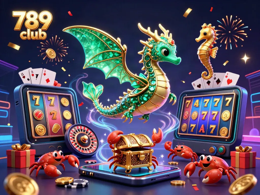 Play thrilling games at 789 club with dynamic slot reels and glowing treasures.
