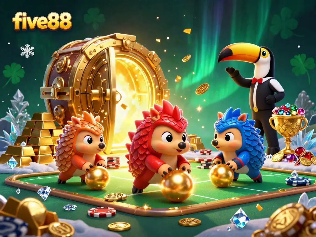 Engage with five88 by watching 3D pangolins competing in a vibrant casino scene full of gold coins and treasures.