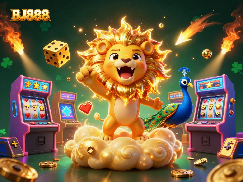 BJ888 showcases a vibrant online casino scene filled with golden elements and arcade fun.