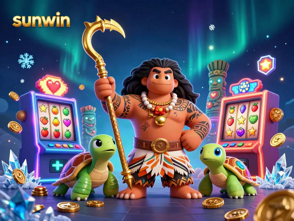 Experience the excitement of sunwin with dynamic slot machines and Polynesian characters in a vibrant casino setting.