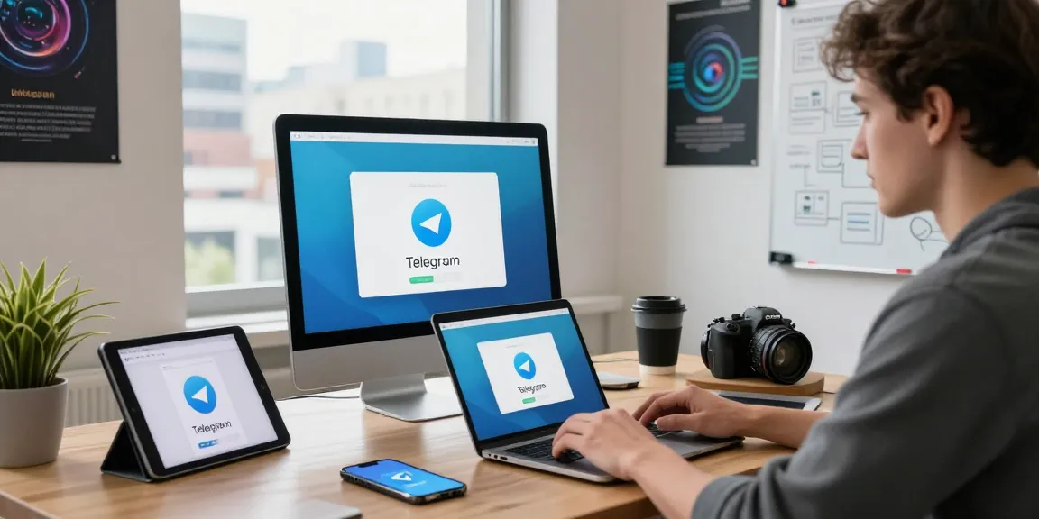 Downloading Telegram Download on a modern desk with tech gadgets and city views.