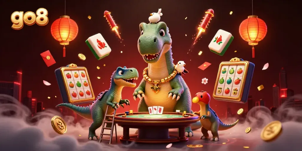 Experience exciting gameplay at go8 as a giant brontosaurus oversees a dynamic casino scene.