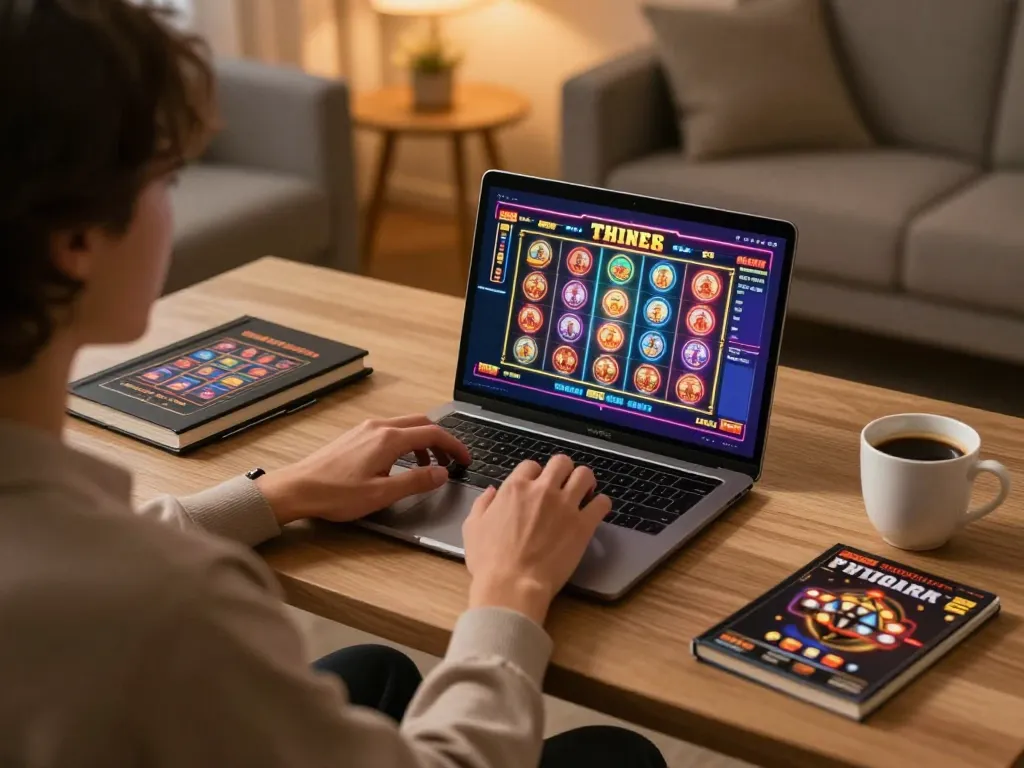 Player engaging in online casino games on their laptop, showcasing worldharpday excitement and responsible gaming.