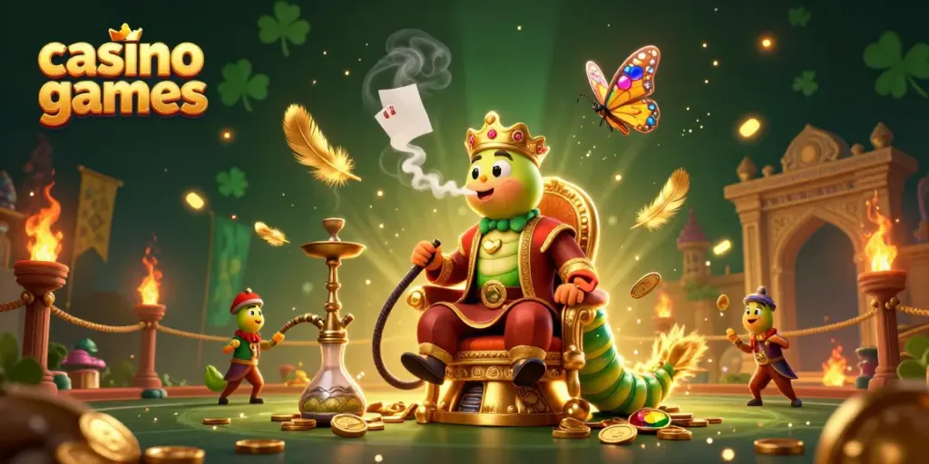 Engage with vibrant casino games featuring a giant caterpillar in a sultan outfit and poker-themed visuals.