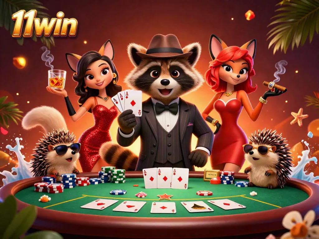 Experience thrilling poker action with 11win’s cartoon characters surrounded by chips and cards.