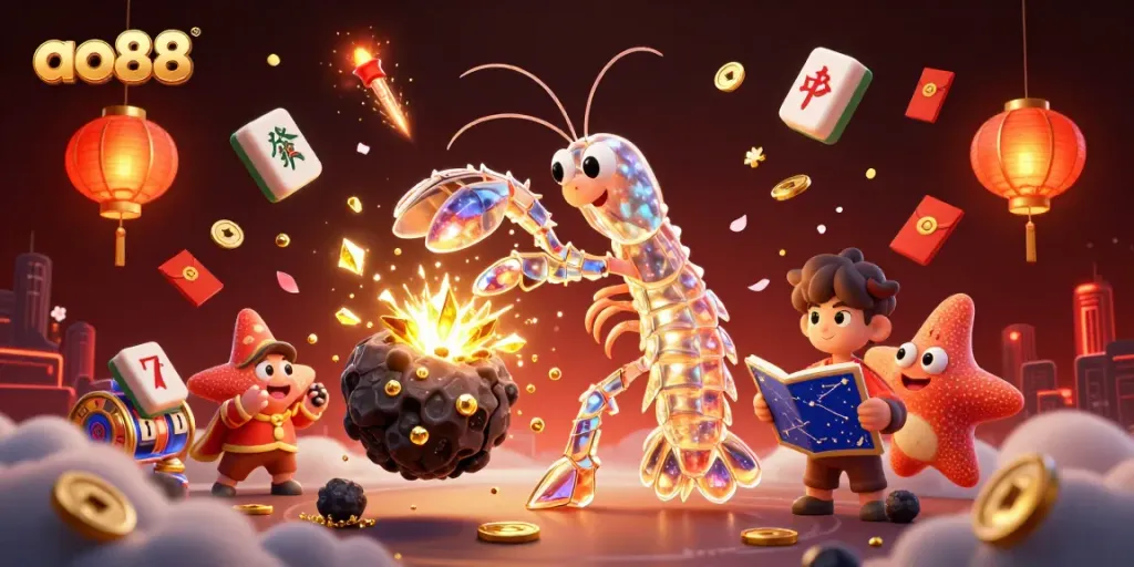 A playful scene depicting the galactic samurai mantis shrimp for ao88, surrounded by golden gems and festive casino elements.