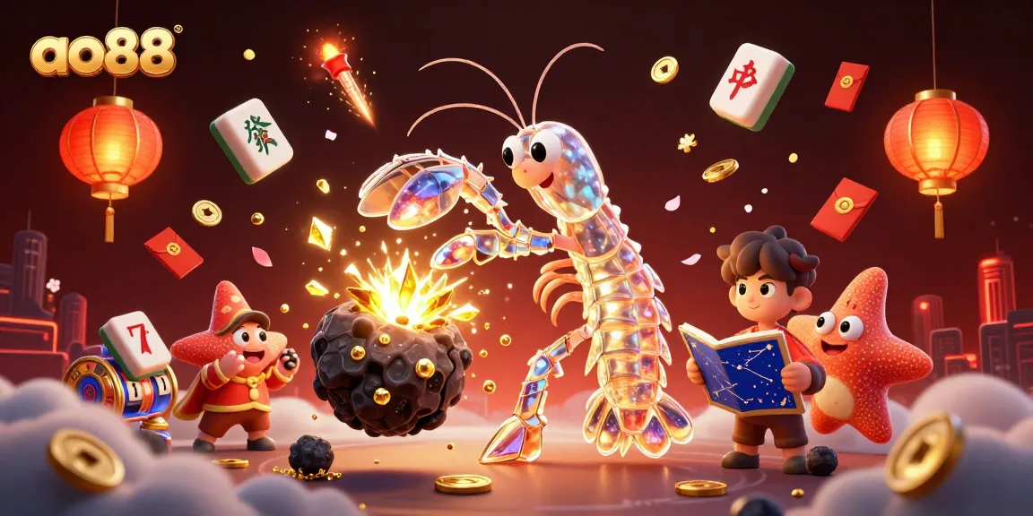 A playful scene depicting the galactic samurai mantis shrimp for ao88, surrounded by golden gems and festive casino elements.