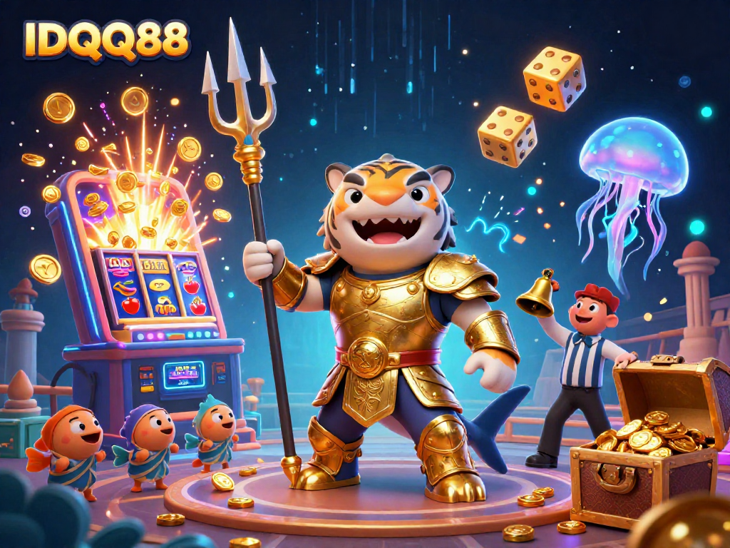 Engage with IDQQ88: vibrant underwater casino scene with a tiger shark and exciting slot machine.