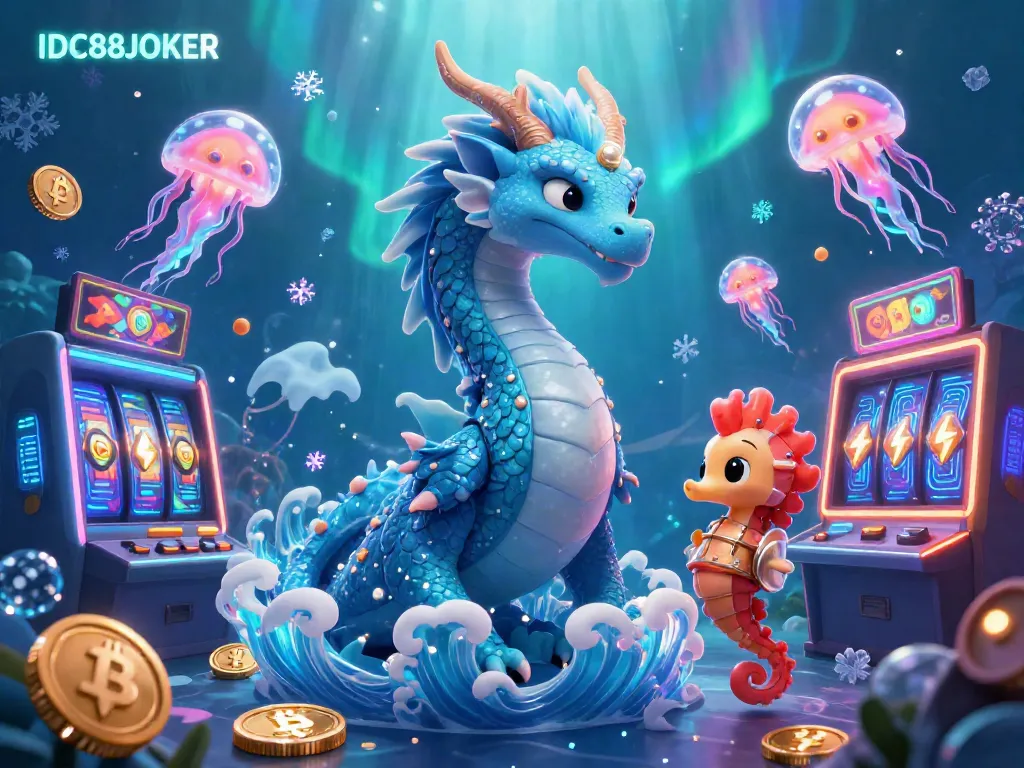 Win big with IDC88JOKER in this vibrant underwater casino scene featuring a majestic dragon and seahorse knight.