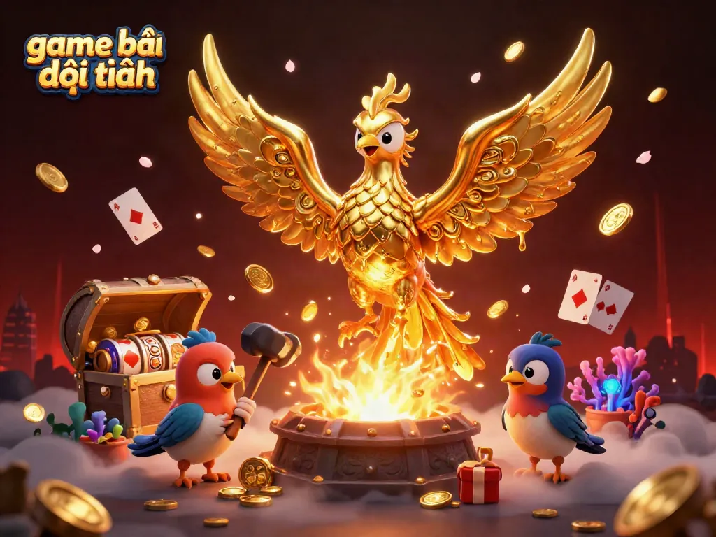 Experience the vibrant world of game bài đổi thưởng with a golden phoenix in a dynamic 3D illustration, bursting with coins and poker cards.