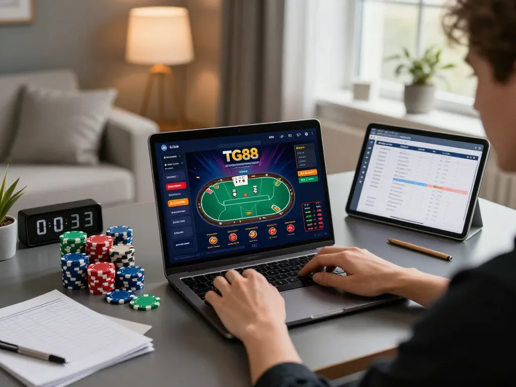 Engaging moment of user playing on the TG88 online casino, immersed in strategy and responsible gaming.