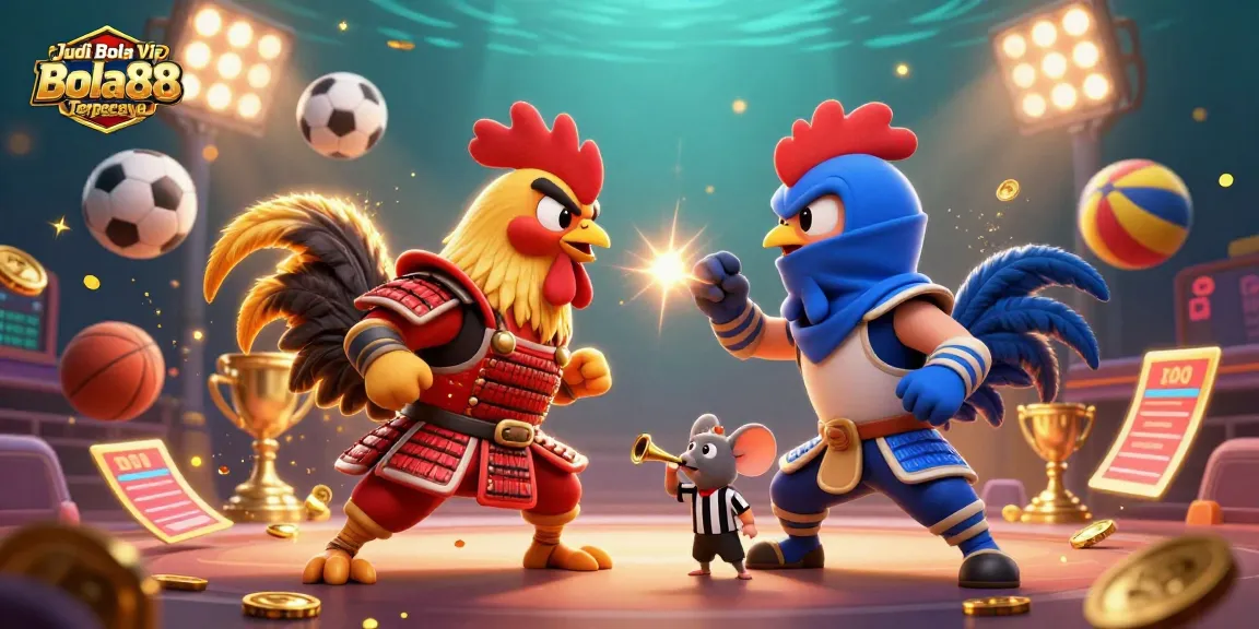 Experience thrilling action with Judi Bola Vip Bola88 Terpercaya in an epic rooster battle scene.
