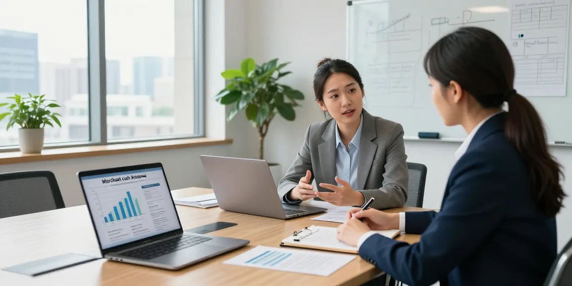Best merchant cash advance options discussed in a modern office environment with financial documents and a business owner.