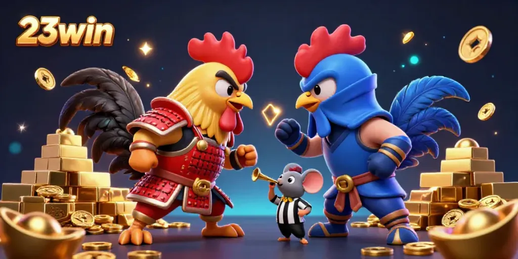 Witness the energetic standoff between fighting roosters in vibrant 23win casino illustration art.