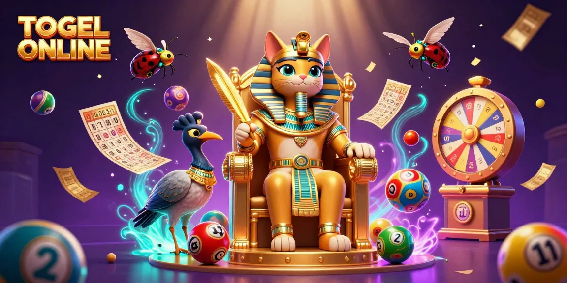 Engage with TOGEL ONLINE in a vibrant 3D illustrated scene featuring lottery elements and Egyptian characters.