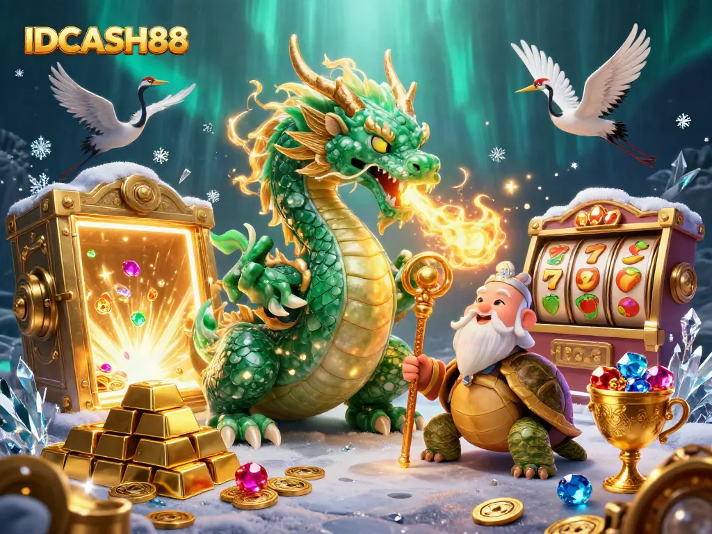 Play slot adventures with IDCASH88, featuring an emerald jade dragon, treasure, and magical creatures.