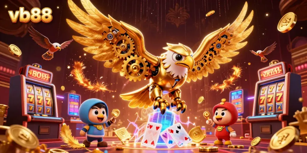 Engage with VB88's thrilling casino vibes featuring dynamic slot machines and a golden eagle.