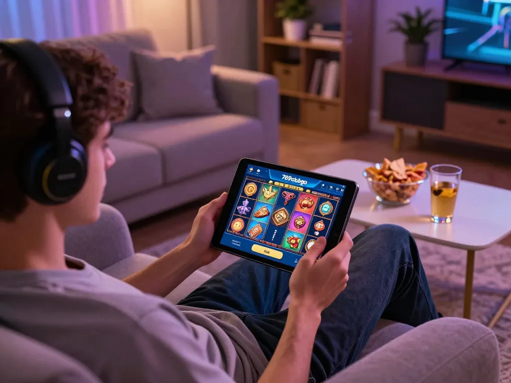 Engaged player using the 789clubgo app on a tablet in a cozy home gaming setup.