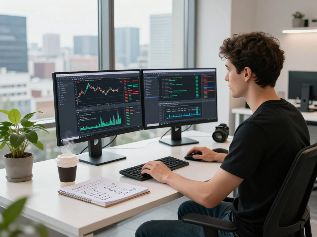 German algo trading stock API showcased in a modern workspace with live stock data and analysis.