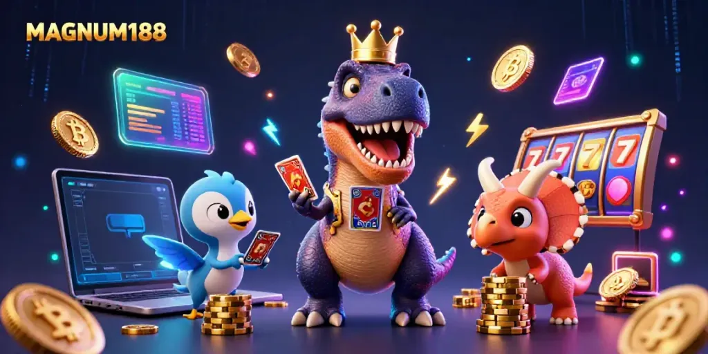 Experience thrilling gameplay with MAGNUM188 through a vibrant scene featuring animated characters and dynamic casino elements.
