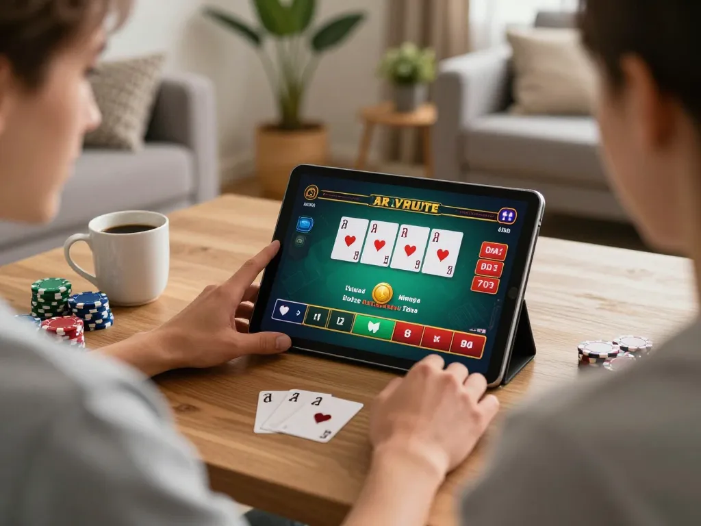 Player actively engaging with 58wiin's online blackjack game on a tablet in a cozy home setting.