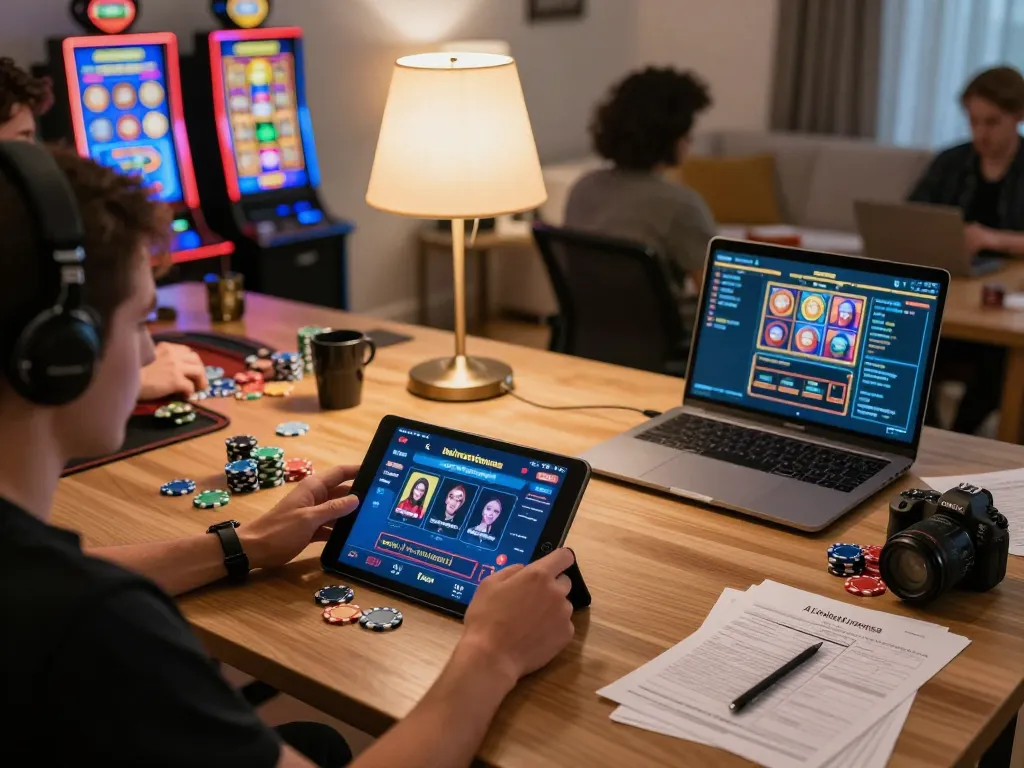 Player analyzing strategies on the tablet displaying girlmeetsformosa casino games, cozy home gaming atmosphere.