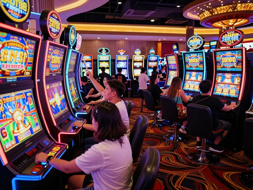 Players enjoying an exciting game of SLOT88 at vibrant casino slot machines