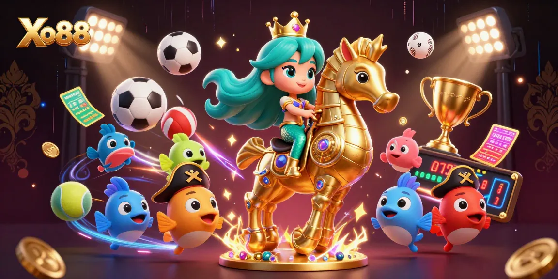 Xo88 mermaid princess on seahorse amidst vibrant sports elements in a dynamic 3D illustration