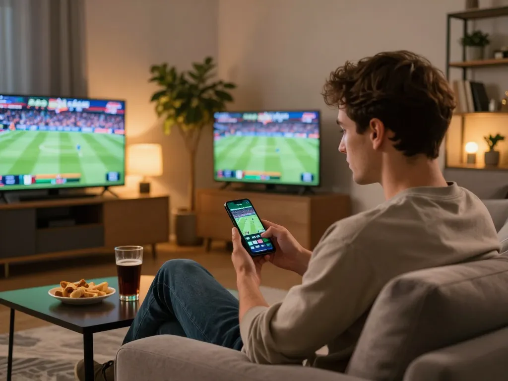 Kèo nhà cái displayed on a smartphone during an exciting sports betting session at home.