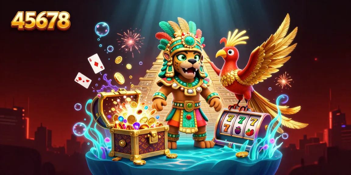Play exciting games at 45678 with vibrant casino elements and a mystical setting of treasures.