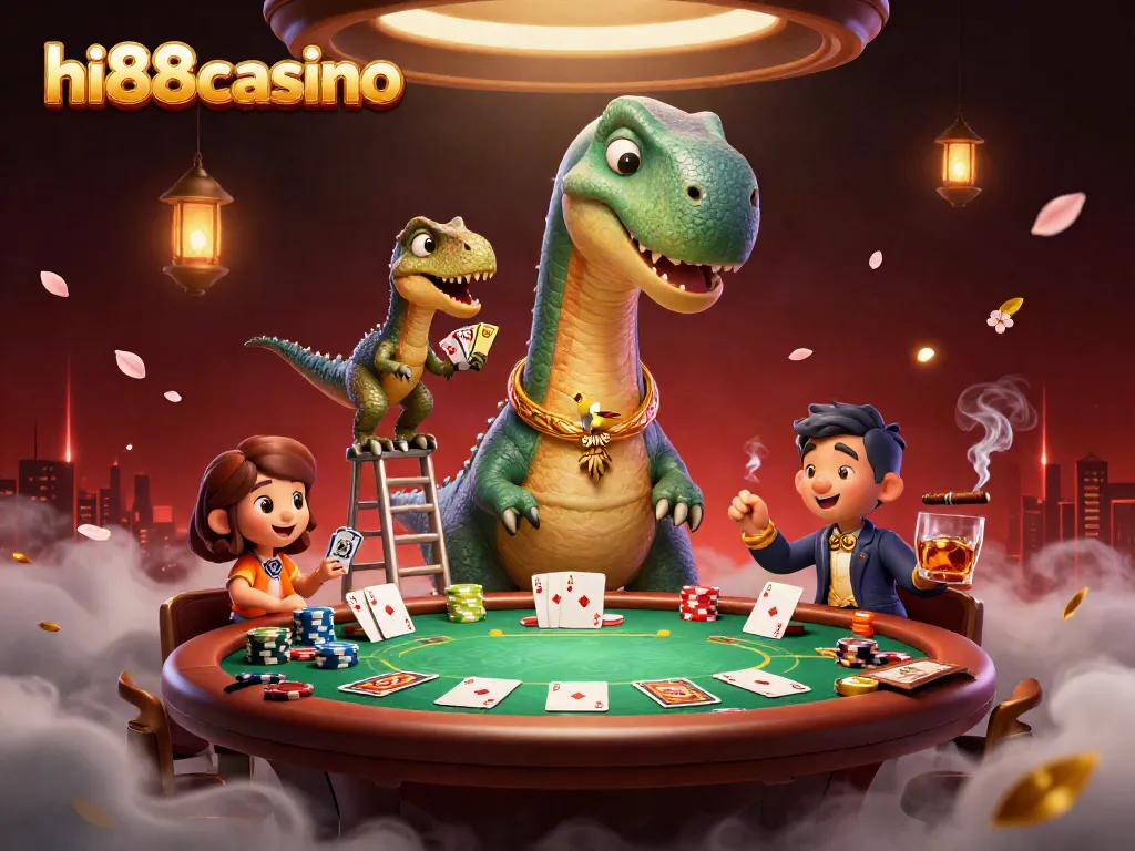 Experience the excitement at hi88casino with a playful brontosaurus overseeing a poker showdown.