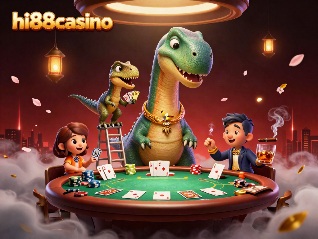 Experience the excitement at hi88casino with a playful brontosaurus overseeing a poker showdown.