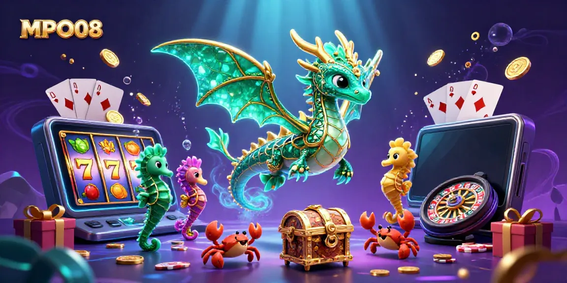 Experience the vibrant casino world with MPO08 featuring a sea dragon and slot game elements.