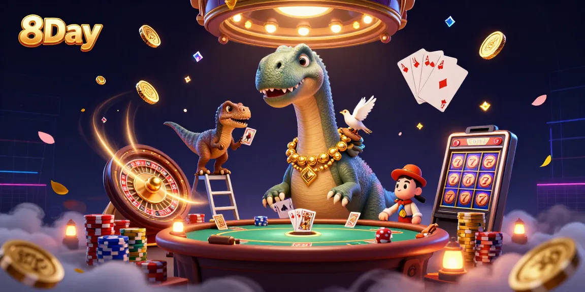 8Day delivers thrilling gaming experiences as a giant brontosaurus observes a poker game in a vibrant casino.