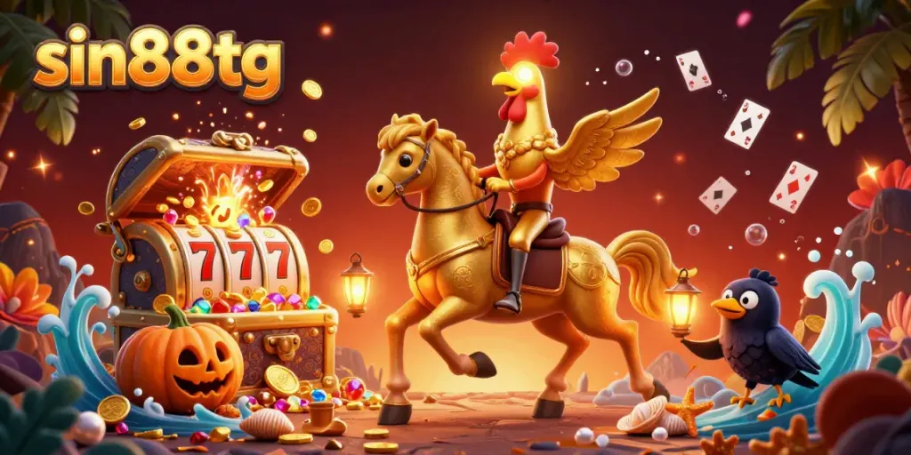 Experience the vibrant magic of sin88tg with golden rooster characters in a bustling casino.